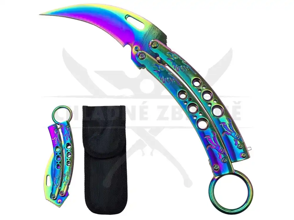 Přímo Od Výrobce Celokovový balisong "RAINBOW KARAMBIT" s pouzdrem