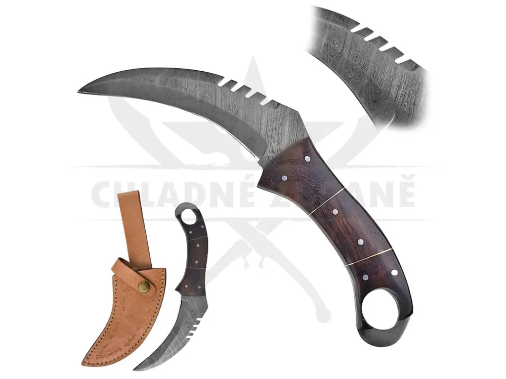 Vysoce Kvalitní Damaškový karambit "CLAW OF ANCIENT STEEL" s koženým pouzdrem