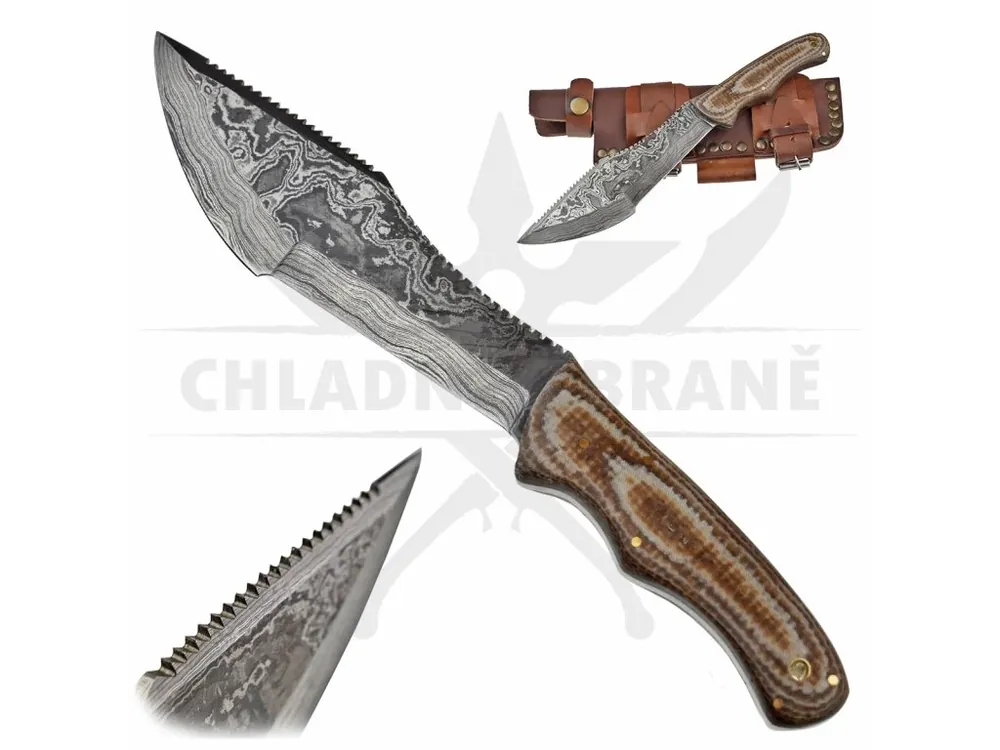 Damaškový survival nůž "ALWAYS READY" s dvojitým ostřím, brouskem a pouzdrem Speciální Cena