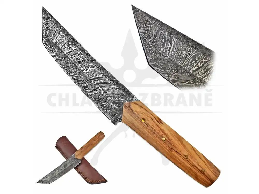 Aktuální Damaškový tanto nůž "OLIVE" s pouzdrem