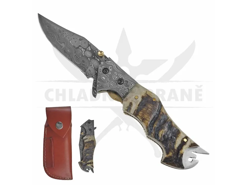 Damaškový zavírací nůž "HORN AND BLADE" s koženým pouzdrem Kup Teď