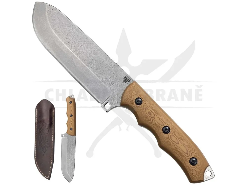 Masivní pevný nůž "BUSHCRAFT DOG SAND" s koženým pouzdrem Originální
