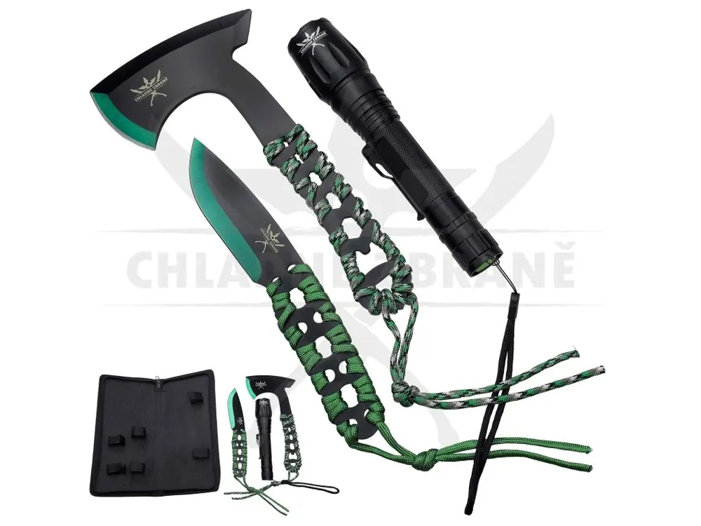 Výprodej Outdoorová sada "GREEN TOOL SET" Sekera, nůž a svítilna