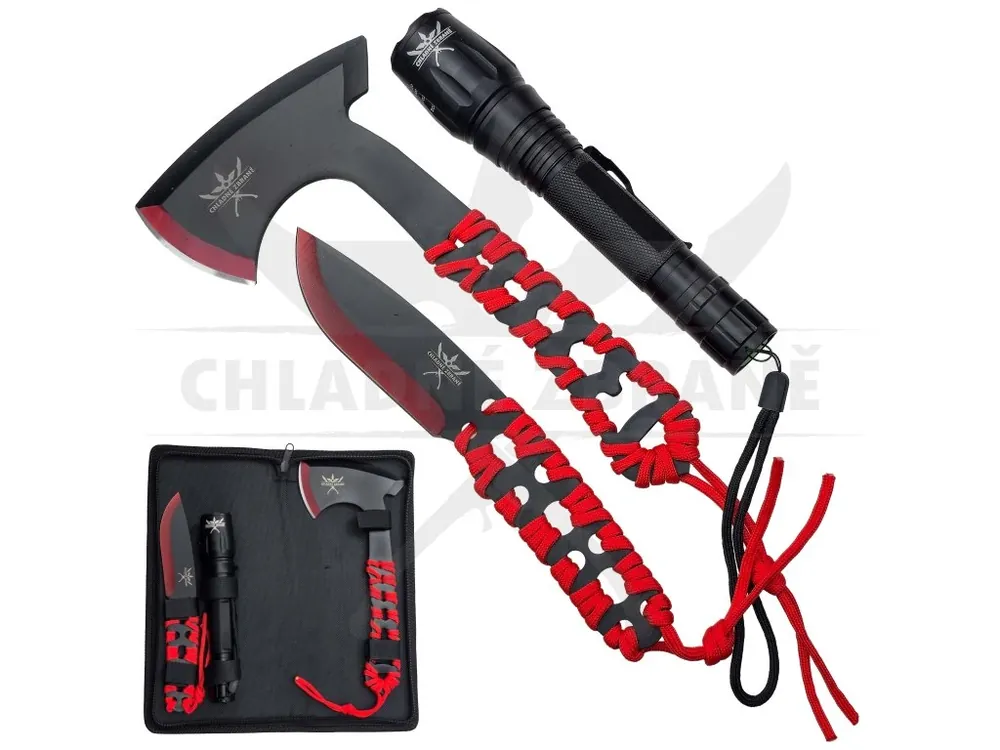 Expresní Doručení Outdoorová sada "RED TOOL SET" Sekera, nůž a svítilna