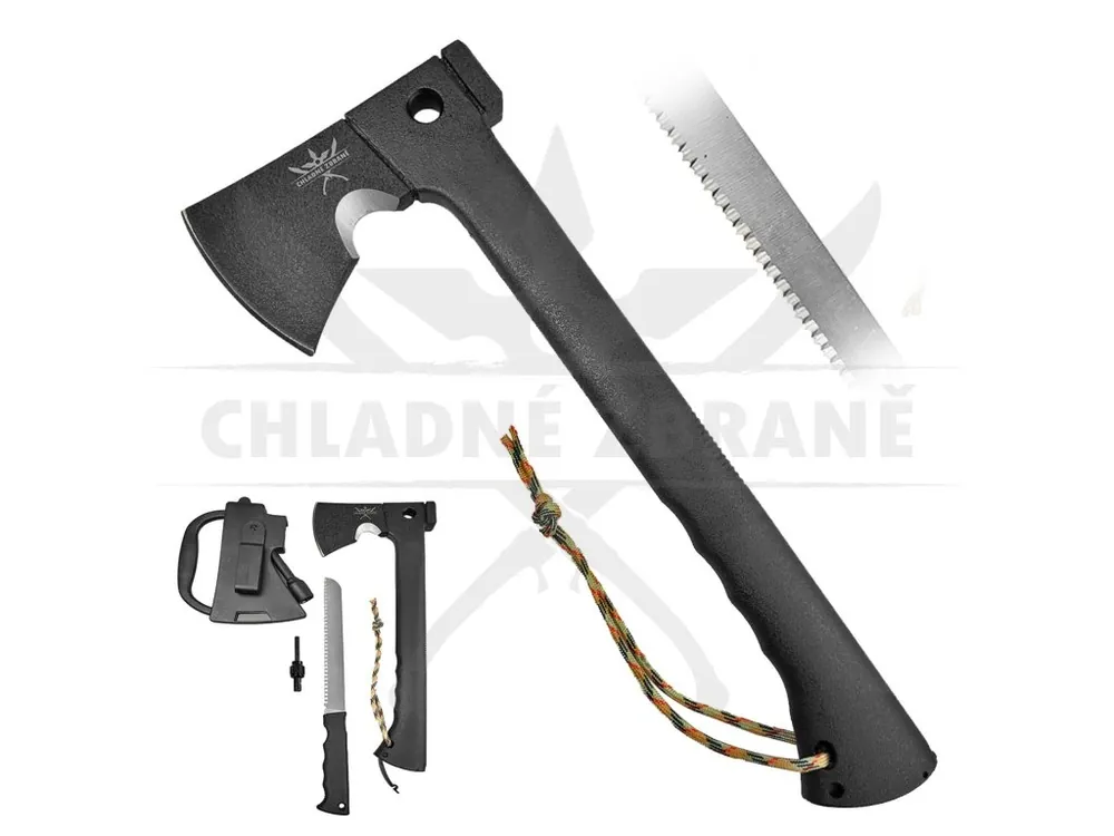 Rychlé Dodání Outdoorová sekera se skrytou pilkou "BLACK PARADE V.2" + křesadlo