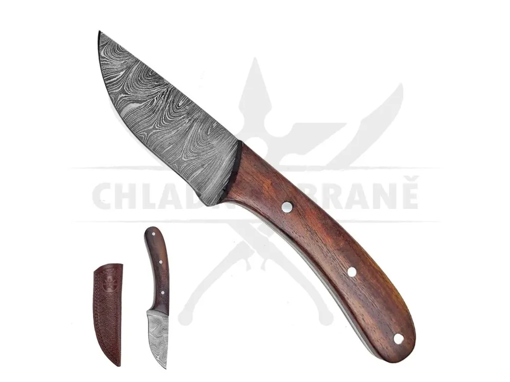 Autentický Pevný damaškový nůž "LONG HANDLE" s koženým pouzdrem