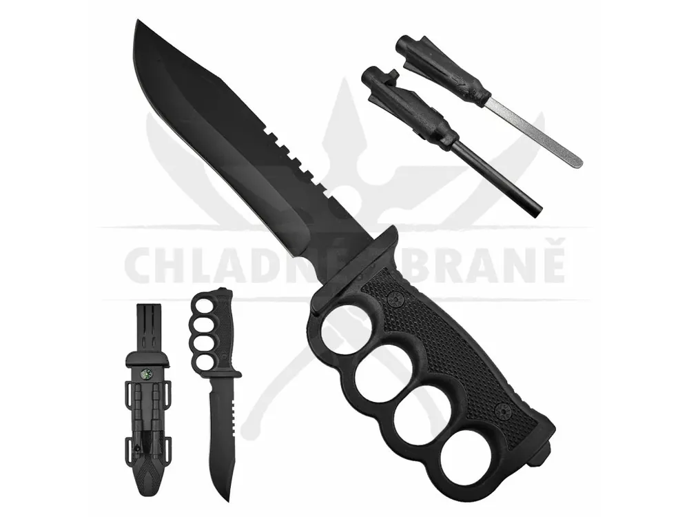 Pevný survival nůž "LOW-COST SURVIVAL" + křesadlo, brousek a pouzdro Cenový Hit