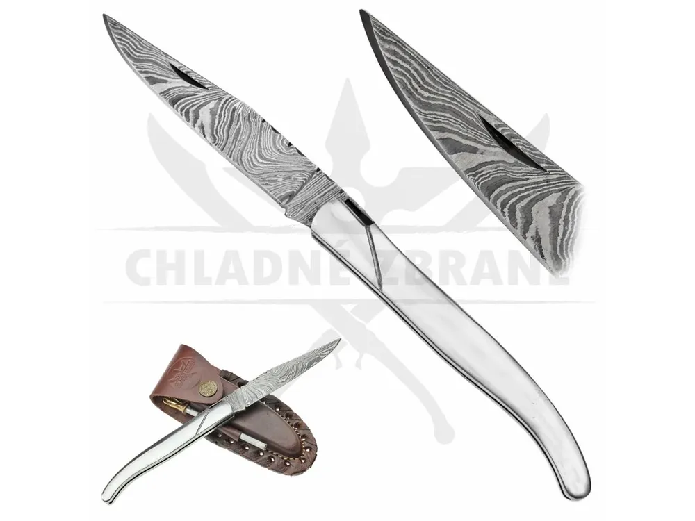 Poslední Šance Tenký damaškový nůž "SILVER NEEDLE" s koženým pouzdrem