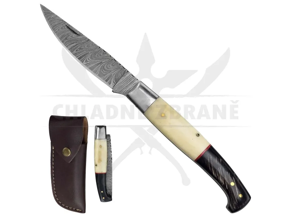 Cenová Bomba Zavírací damaškový nůž "BONE TRAPPER" s koženým pouzdrem
