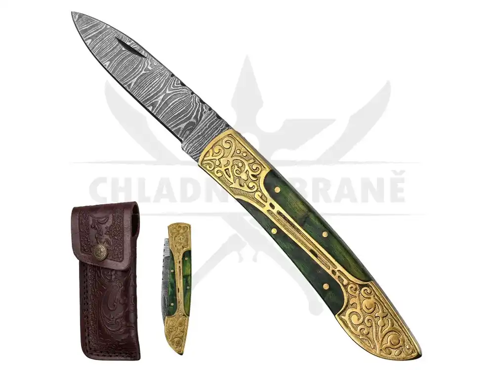 Koupit Online Zavírací damaškový nůž "EMERALD EMPEROR" s koženým pouzdrem