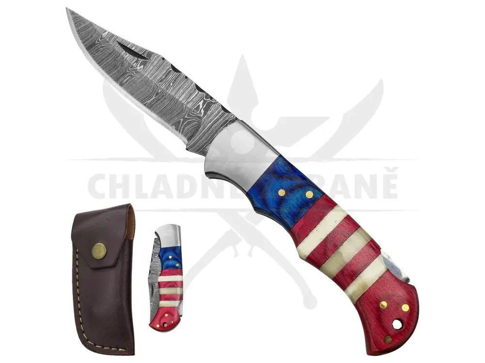 Výhodná Nabídka Zavírací damaškový nůž "SAILOR‘S BLADE" s koženým pouzdrem