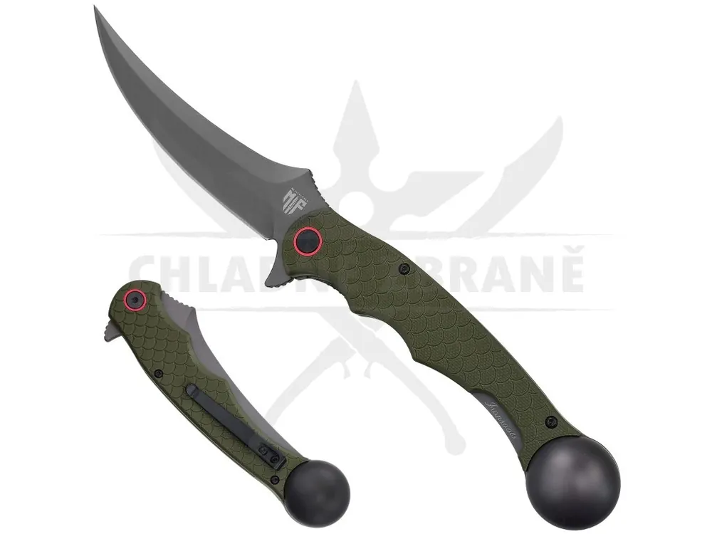 Hit Sezóny Zavírací rybářský nůž "IRONROOTS OLIVE" s klipem a s omračovačem!