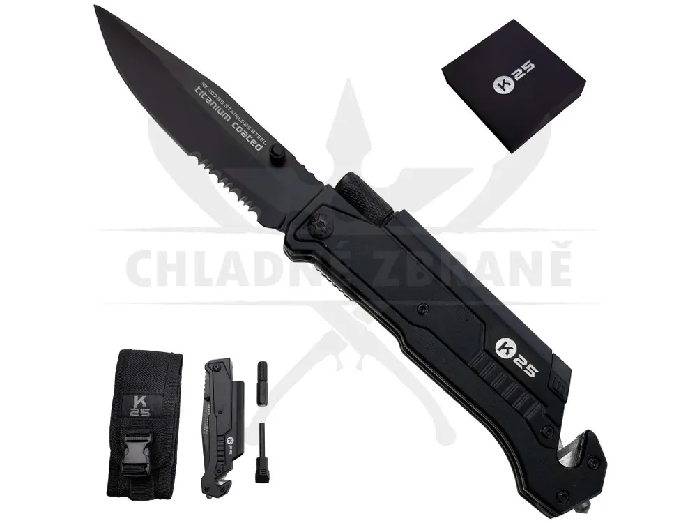 Taktický zavírací nůž "K25 BLACK RESCUE" s křesadlem a svítilnou Originální