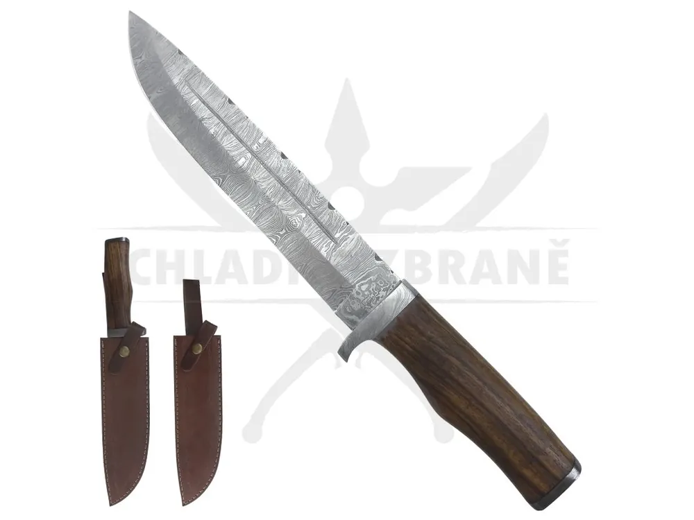Velký pevný damaškový nůž "MASTER OF BLADES" s koženým pouzdrem Přímo Od Výrobce
