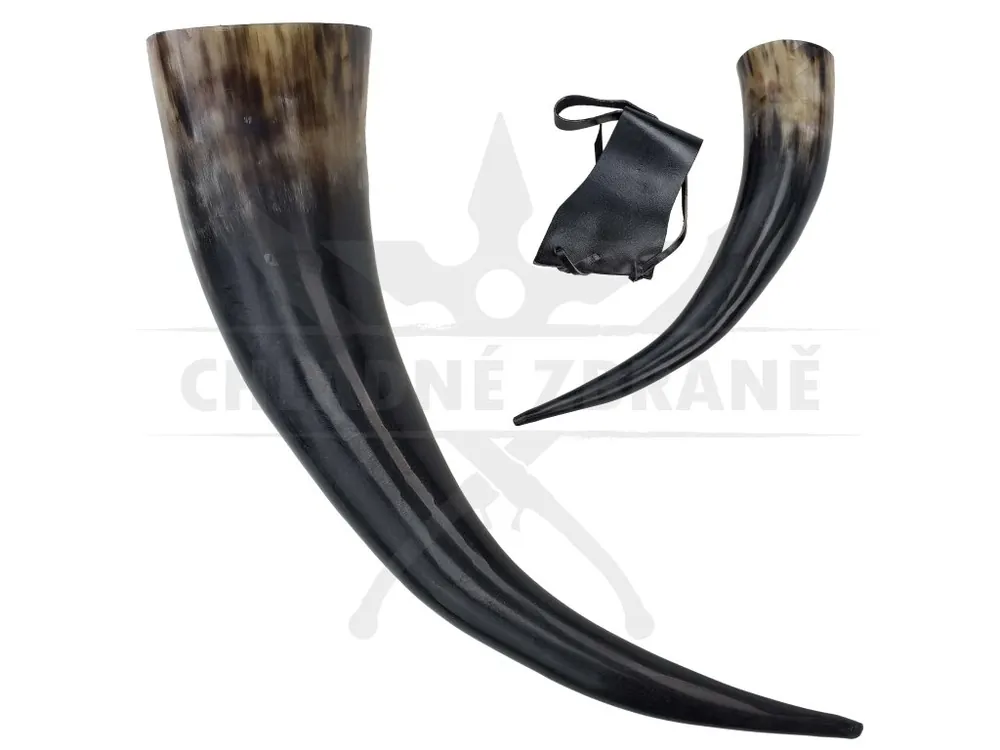 Koupit Online Roh na pití "VIKING STYLE" z bůvolího rohu s koženým závěsem