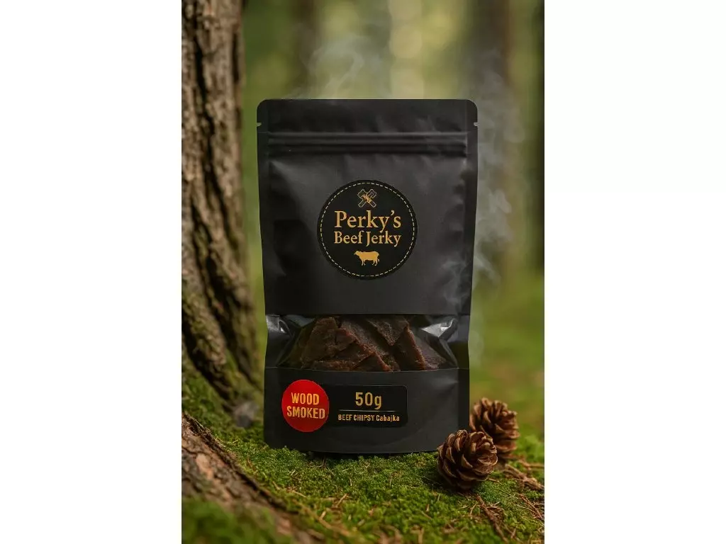Akční Nabídka Perky‘s Jerky Sušené hovězí maso Beef chipsy Čabajka (Wood Smoked) 50g