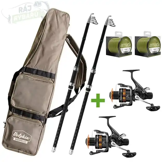 DELPHIN - Kaprový set 2x prut Capri Tele + 2x Naviják Modeco Carp + Pouzdro + 2x vlasec Must-Have