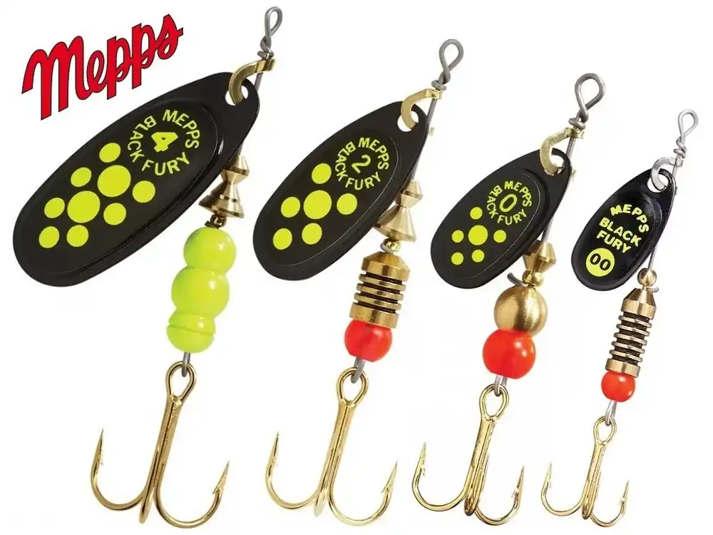 Originální MEPPS rotační třpytka Black Fury Chartreuse Dot