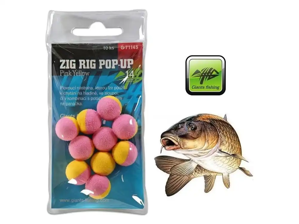 Dokud Zásoby Vydrží Giants Fishing pěnové plovoucí boilie Zig Rig Pop-Up Pink/Yellow - 10 ks